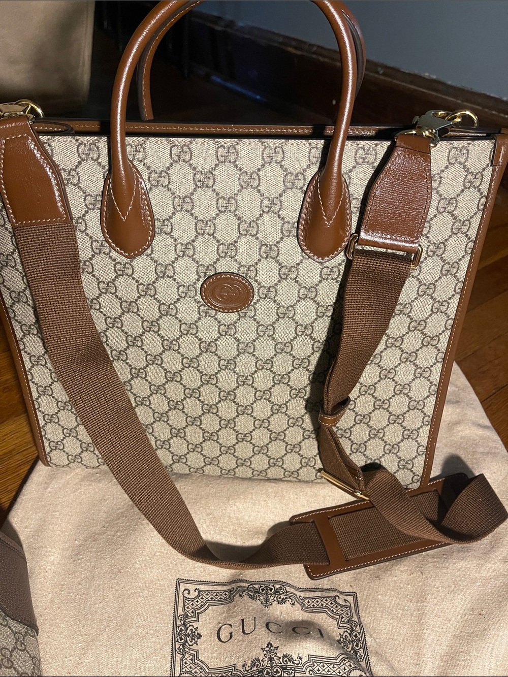 Gucci Beige/Brown GG Supreme Bag with Green-Red Web Stripe & Tote Bag (ITALY) - Picture 3 of 7